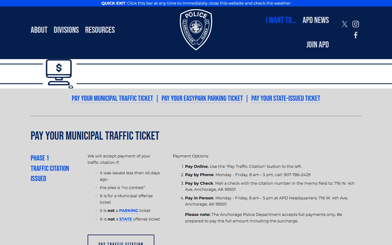 Eagle River traffic ticket records APD payment page